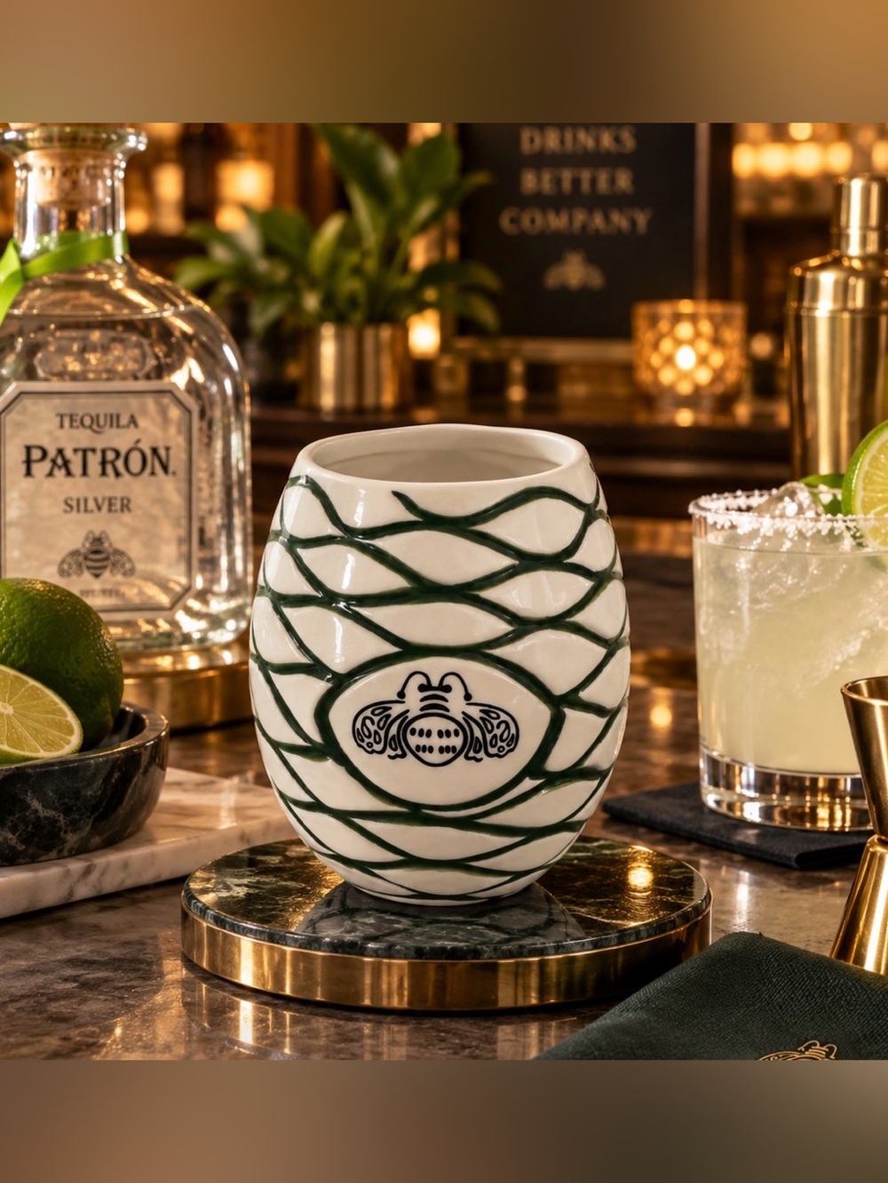 Patron Tequila limited edition honeycomb green and white geometric ceramic cup